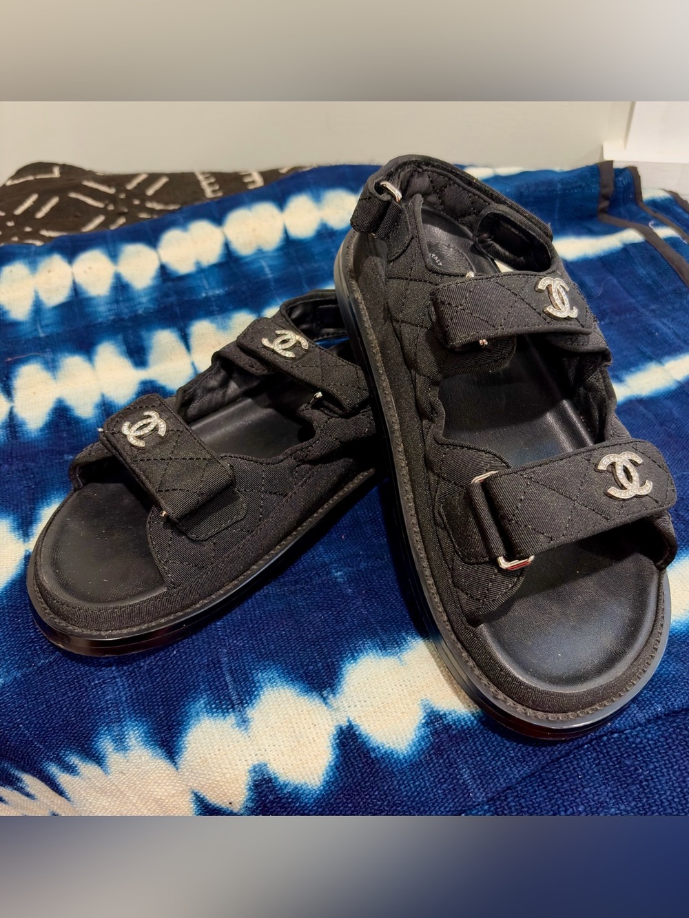 CHANEL Black Quilted Women's Velcro Rhinestone Logo Sandals